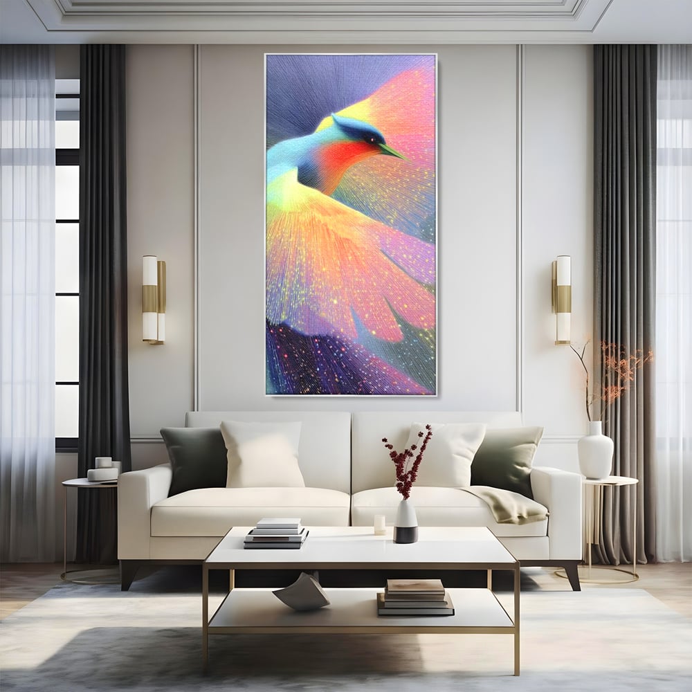 Tablou canvas cu tablou canvas cu pasare colorata in zbor, in rama de aluminiu argintiu, pe perete intr-un living